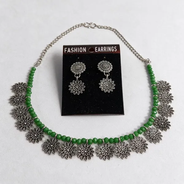 Green_Alloy_Silver_Tone_Floral_Beaded_Necklace_And_Earrings_Set_For_Women