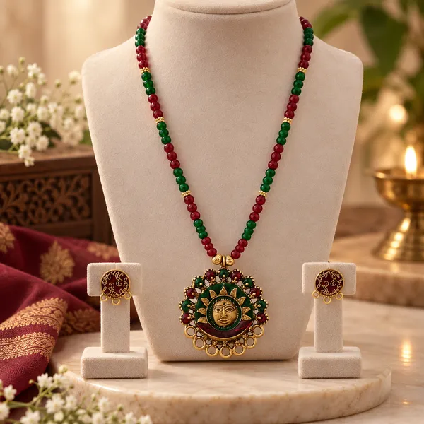 Green_Beaded_Antique_Pendant_Long_Necklace_Set_For_Women