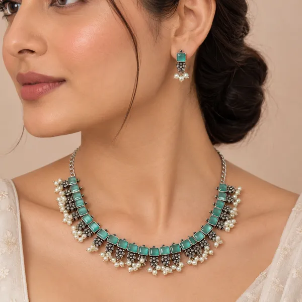 Silver_Alloy_Oxidised_Sea_Green_Stone_Choker_Necklace_Set_For_Women