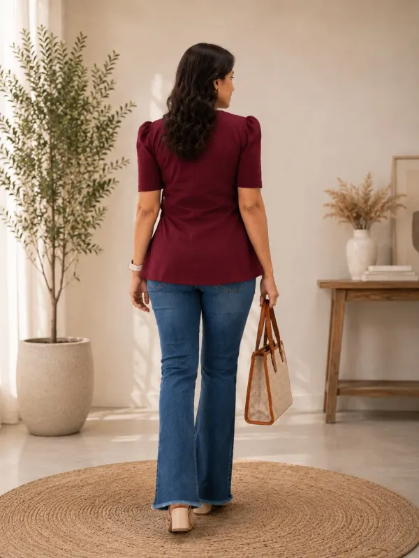 Maroon_Cotton_Puff_Sleeve_Wrap_Top_For_Women
