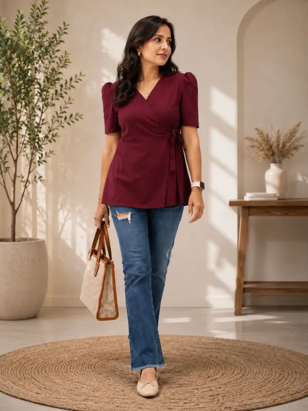 Maroon_Cotton_Puff_Sleeve_Wrap_Top_For_Women