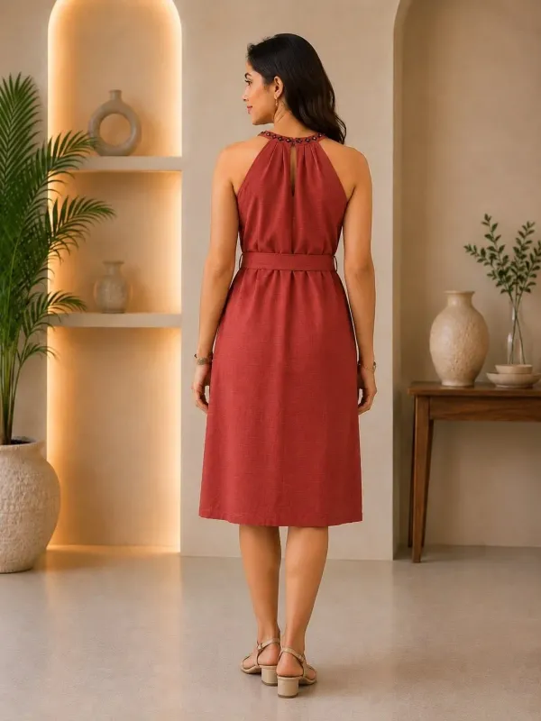 Rust_Orange_Cotton_Floral_Embroidered_A_Line_Halter_Dress_For_Women