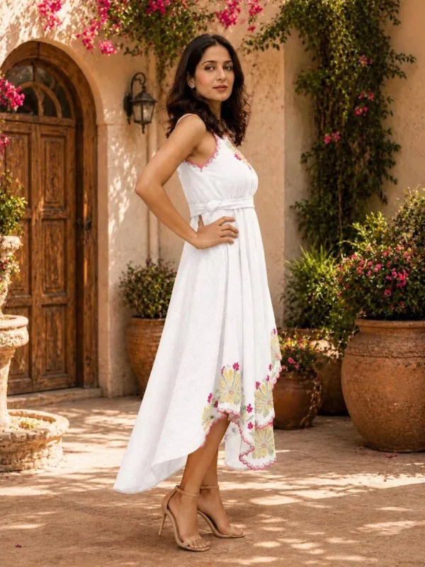 White_Cotton_Embroidered_Asymmetrical_Dress_For_Women
