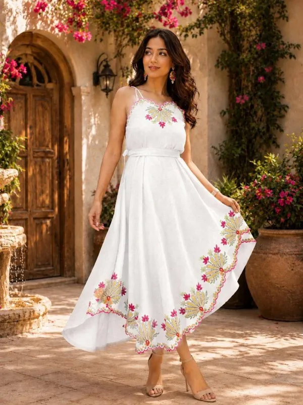 White_Cotton_Embroidered_Asymmetrical_Dress_For_Women