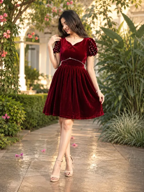 Red_Maroon_Velvet_Short_Dress_For_Women