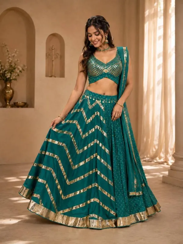 Teal_Green_Cotton_Embellished_Lehenga_Choli_Set_For_Women