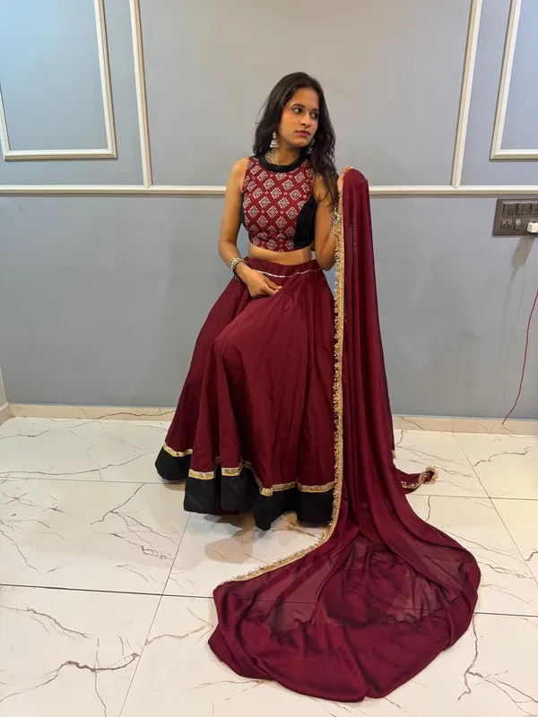 Maroon_Cotton_Flared_Lehenga_Set_For_Women
