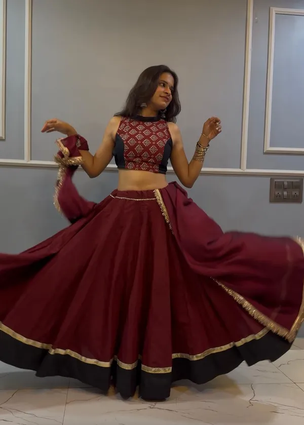 Maroon_Cotton_Flared_Lehenga_Set_For_Women