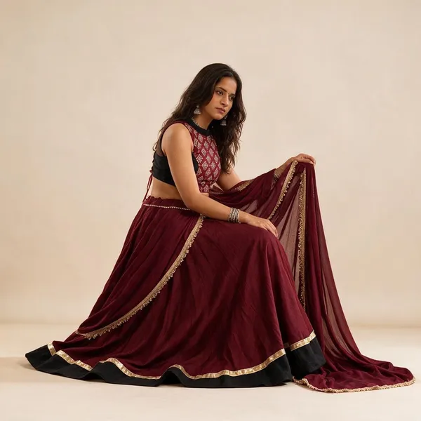 Maroon_Cotton_Flared_Lehenga_Set_For_Women