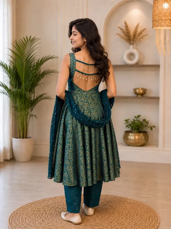 Teal_Green_Brocade_Anarkali_Kurta_Set_With_Dupatta_For_Women