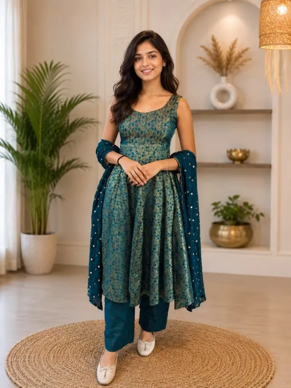 Teal_Green_Brocade_Anarkali_Kurta_Set_With_Dupatta_For_Women