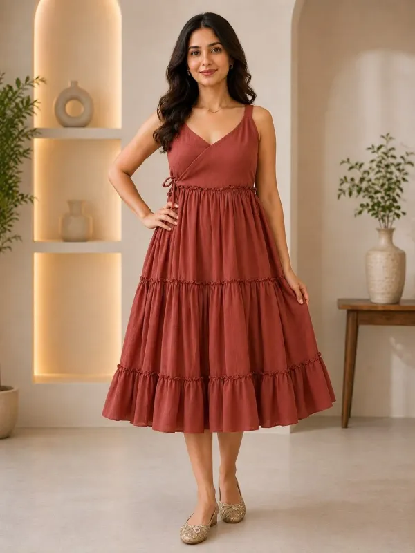 Rust_Orange_Cotton_Tiered_Wrap_Midi_Dress_For_Women