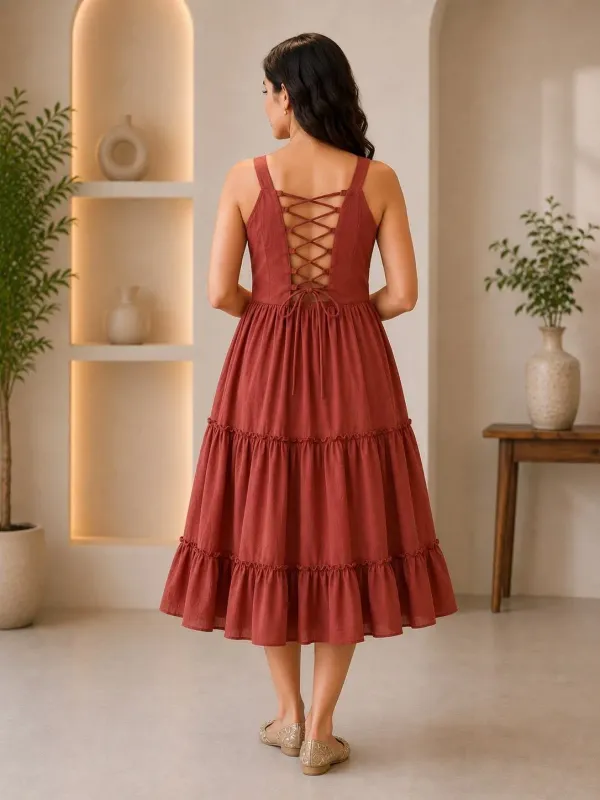 Rust_Orange_Cotton_Tiered_Wrap_Midi_Dress_For_Women