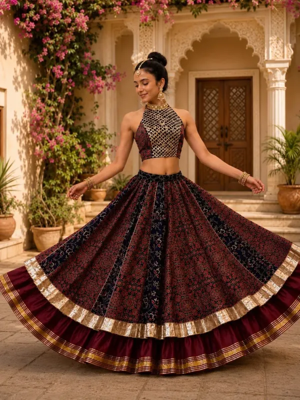 Maroon_Blue_Cotton_Double_Layer_Halter_Neck_Lehenga_Set_For_Women