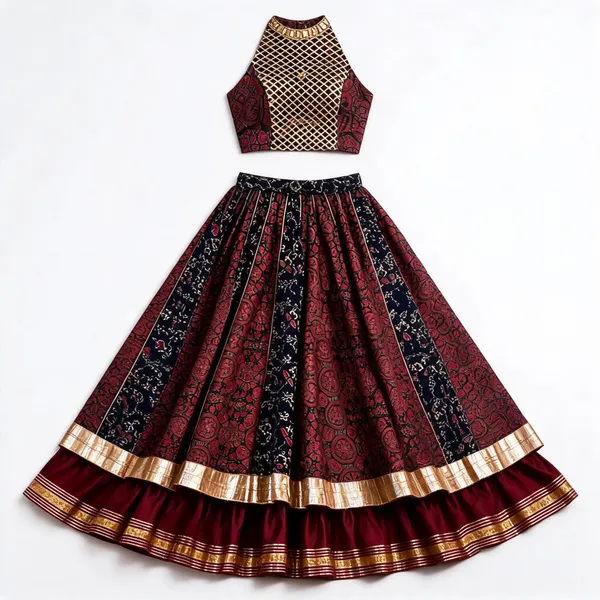 Maroon_Blue_Cotton_Double_Layer_Halter_Neck_Lehenga_Set_For_Women
