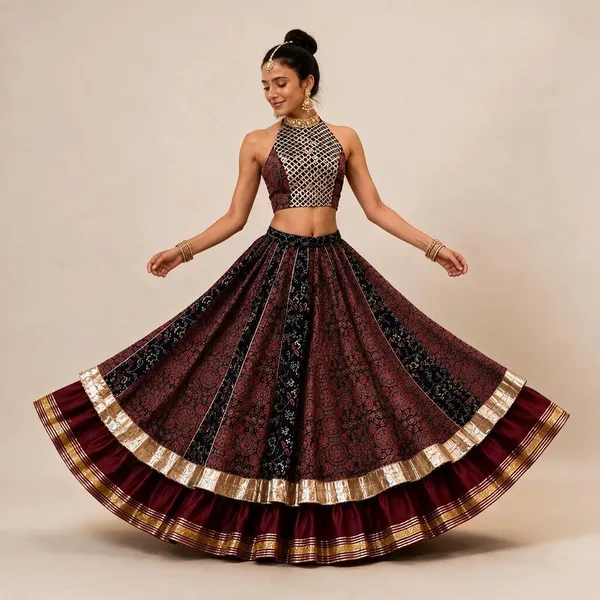 Maroon_Blue_Cotton_Double_Layer_Halter_Neck_Lehenga_Set_For_Women