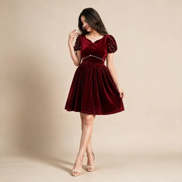 Red_Maroon_Velvet_Short_Dress_For_Women