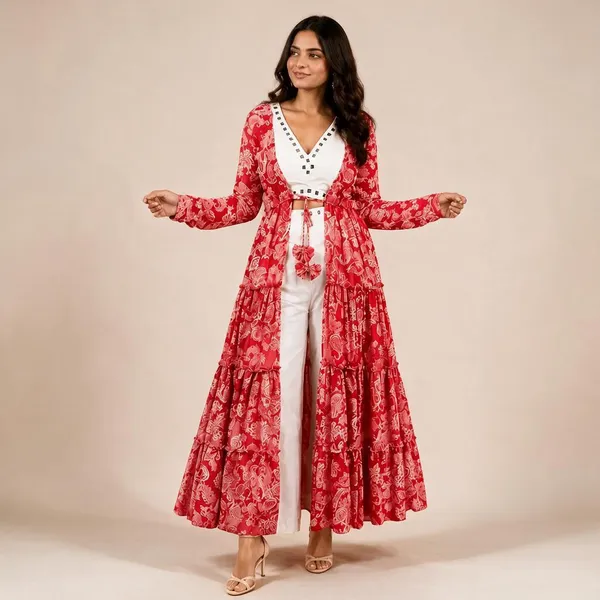 White_Georgette_Mirror_Work_Embroidered_Shrug_Palazzo_Set_For_Women