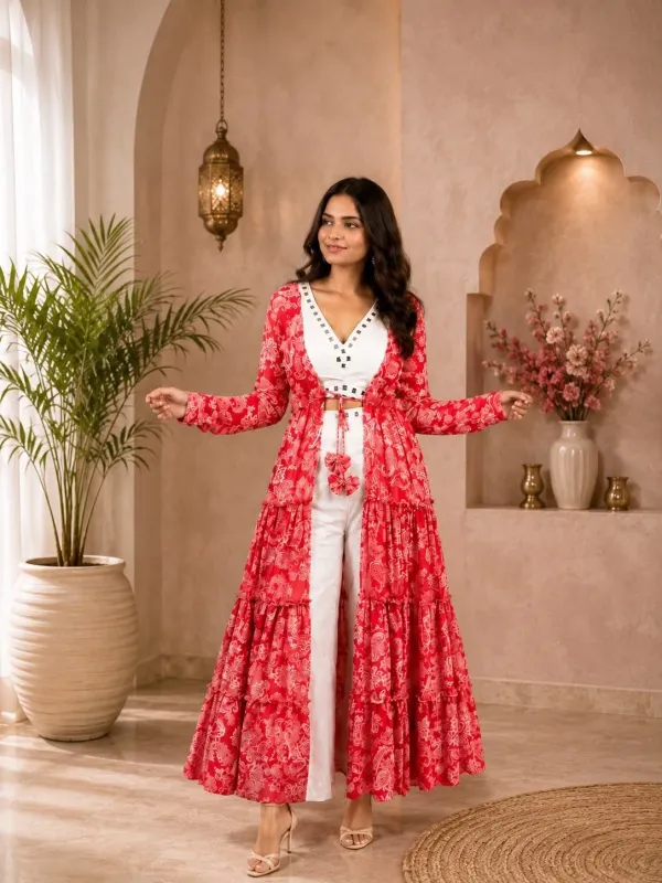 White_Georgette_Mirror_Work_Embroidered_Shrug_Palazzo_Set_For_Women