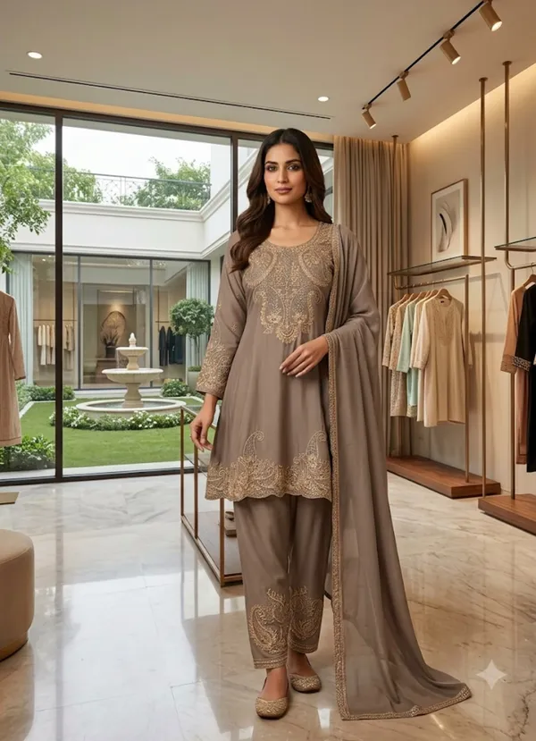 Taupe_Embroidered_Kurta_Set_For_Women