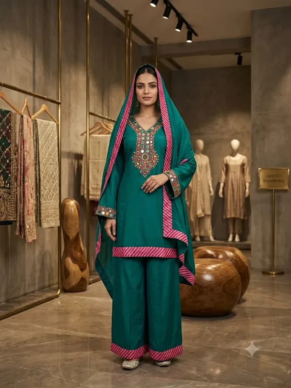 Teal_Embroidered_Kurta_Set_For_Women