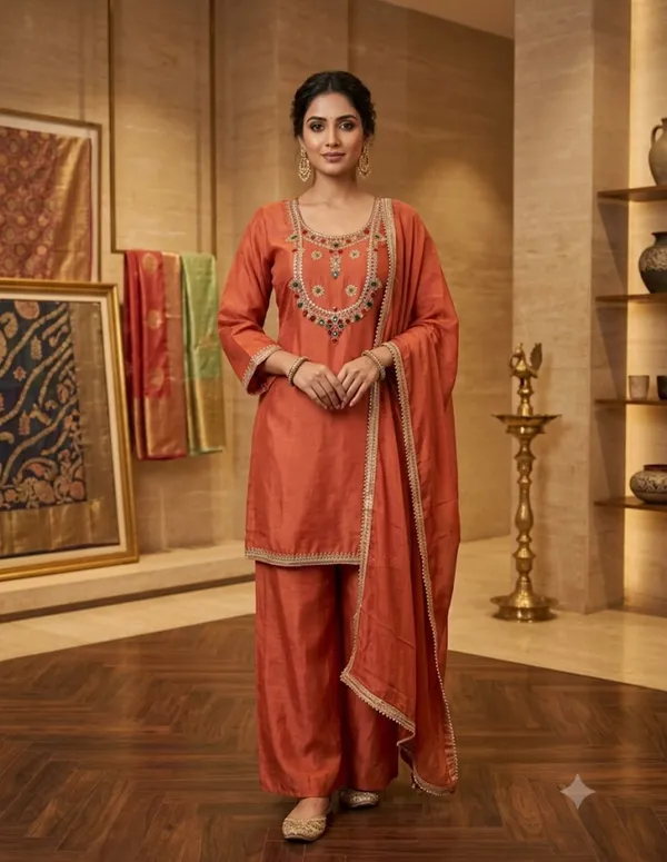 Orange_Embroidered_Kurta_Set_For_Women