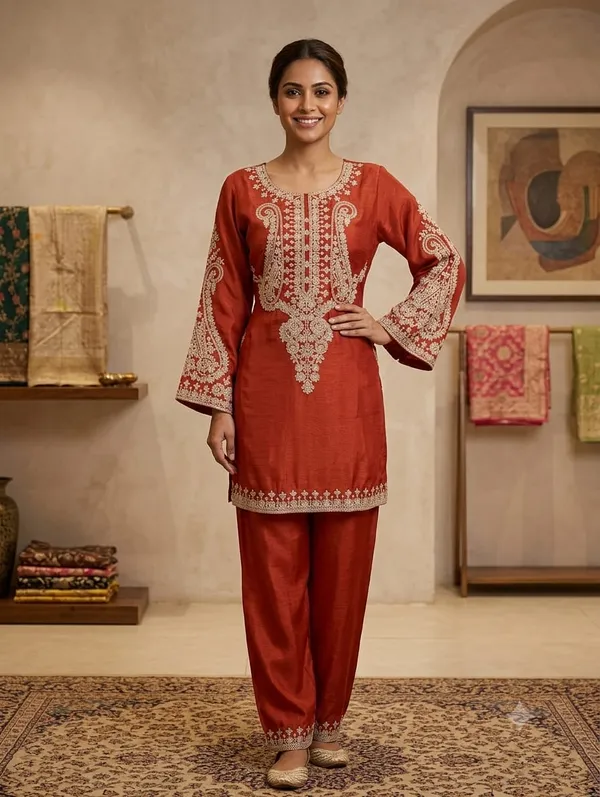 Red_Embroidered_Straight_Kurta_Set_For_Women