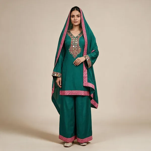 Teal_Embroidered_Kurta_Set_For_Women