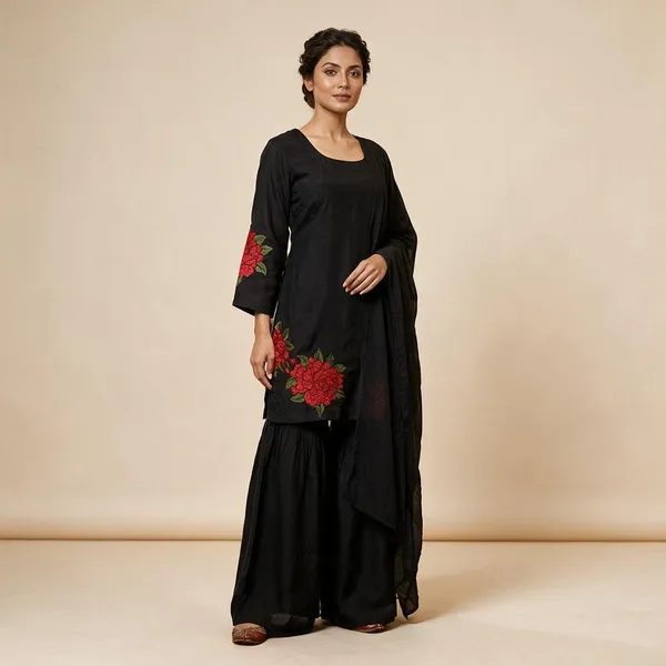 Black_Embroidered_Kurta_Set_For_Women