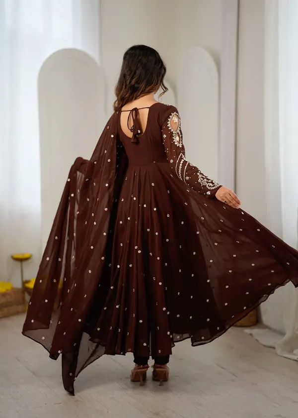 Brown_Faux_Georgette_Embroidered_Gown_with_Full_Sleeves_For_Festival
