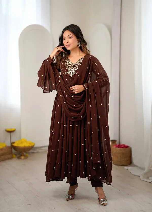 Brown_Faux_Georgette_Embroidered_Gown_with_Full_Sleeves_For_Festival