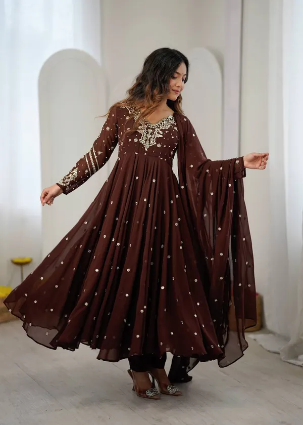 Brown_Faux_Georgette_Embroidered_Gown_with_Full_Sleeves_For_Festival