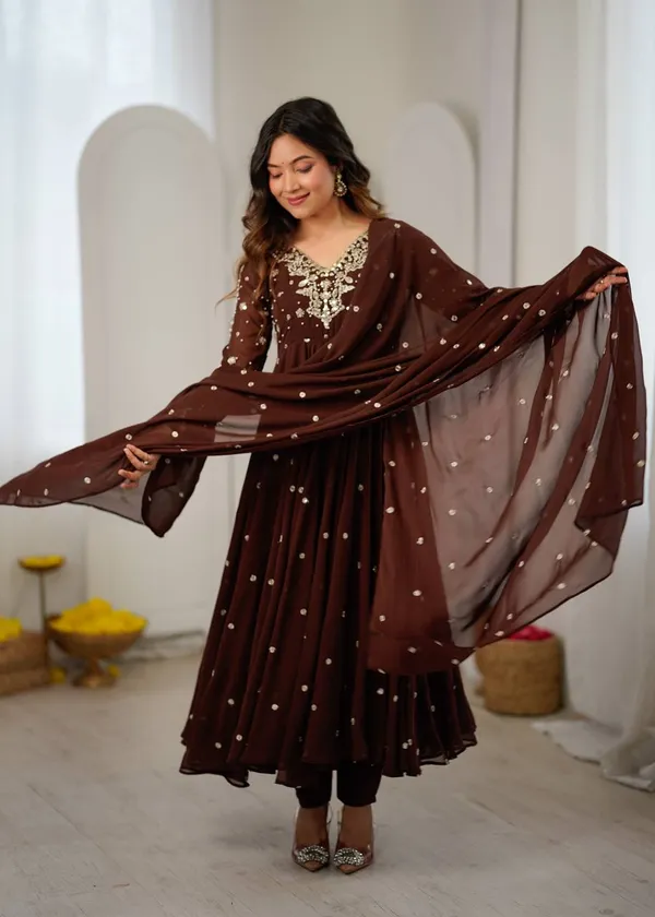 Brown_Faux_Georgette_Embroidered_Gown_with_Full_Sleeves_For_Festival