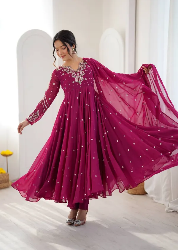 Magenta_Pink_Faux_Georgette_Embroidered_Gown_with_Full_Sleeves_For_Festival