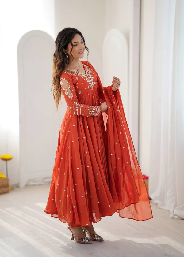 Orange_Faux_Georgette_Embroidered_Gown_with_Full_Sleeves_For_Festival