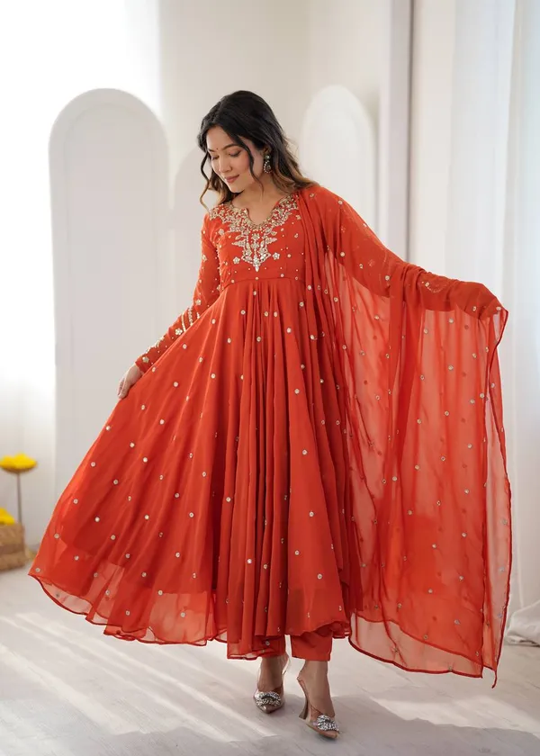 Orange_Faux_Georgette_Embroidered_Gown_with_Full_Sleeves_For_Festival