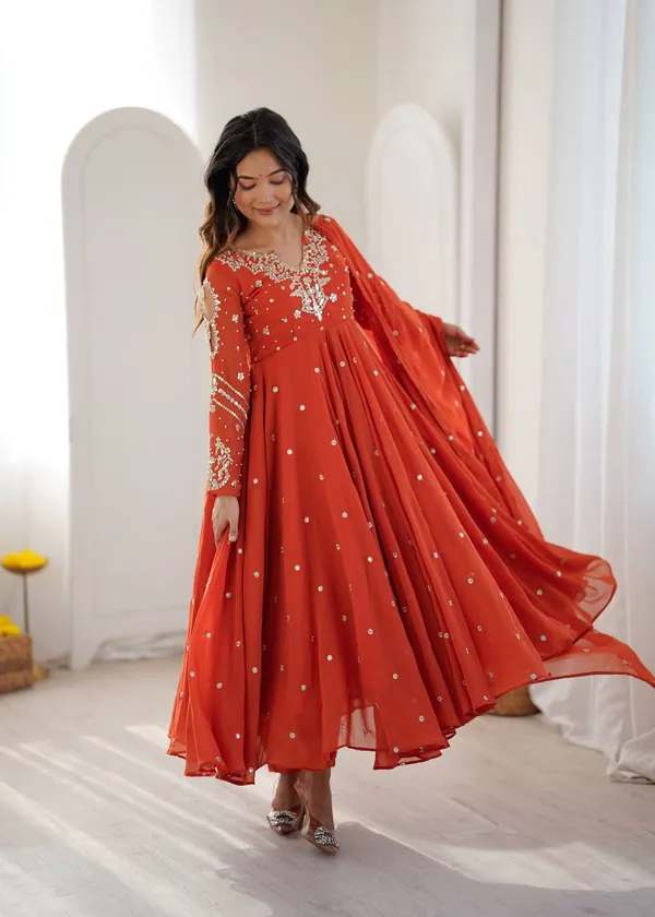 Orange_Faux_Georgette_Embroidered_Gown_with_Full_Sleeves_For_Festival