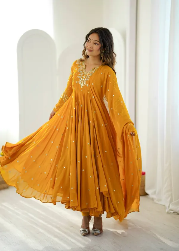 Yellow_Faux_Georgette_Embroidered_Gown_with_Full_Sleeves_For_Festival