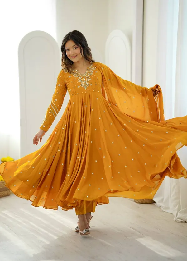 Yellow_Faux_Georgette_Embroidered_Gown_with_Full_Sleeves_For_Festival