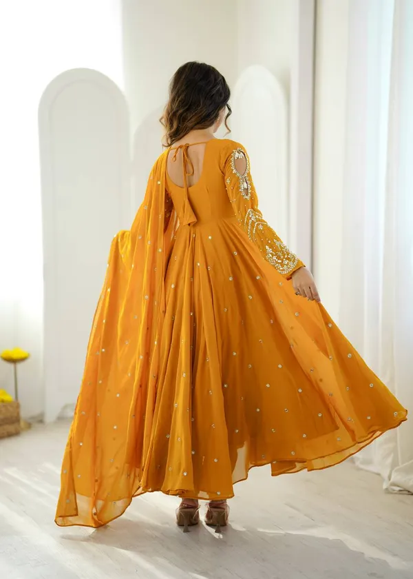 Yellow_Faux_Georgette_Embroidered_Gown_with_Full_Sleeves_For_Festival