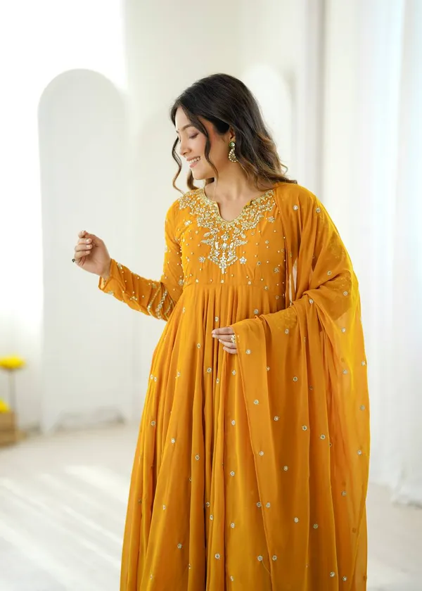 Yellow_Faux_Georgette_Embroidered_Gown_with_Full_Sleeves_For_Festival