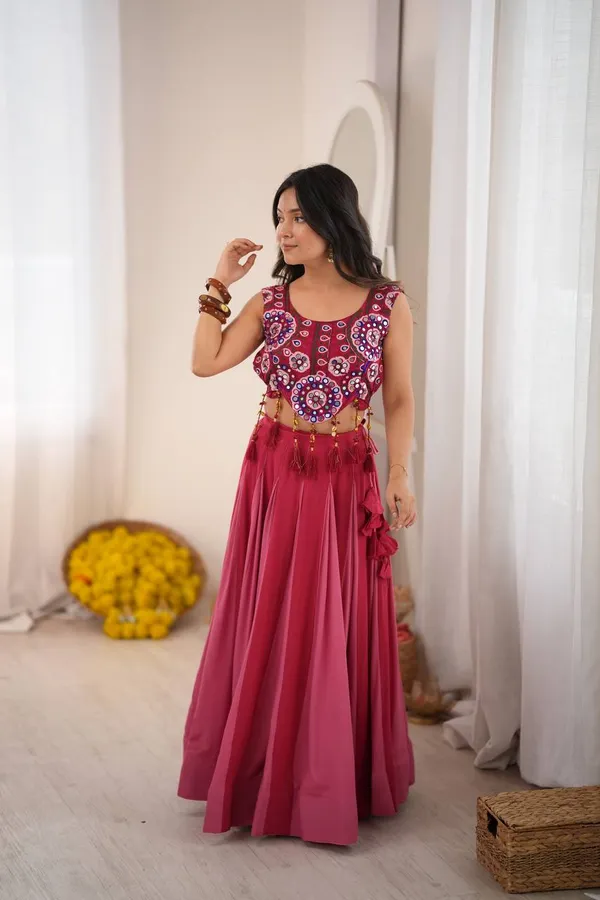 Rani_Pink_Crop_Top_Lehenga_with_Mirror_Work_Choli