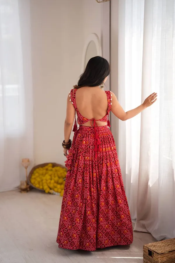 Red_Bandhani_Digital_Print_Lehenga_Choli_With_Mirror_Work_Koti