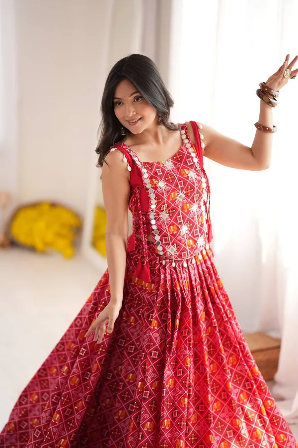 Red_Bandhani_Digital_Print_Lehenga_Choli_With_Mirror_Work_Koti