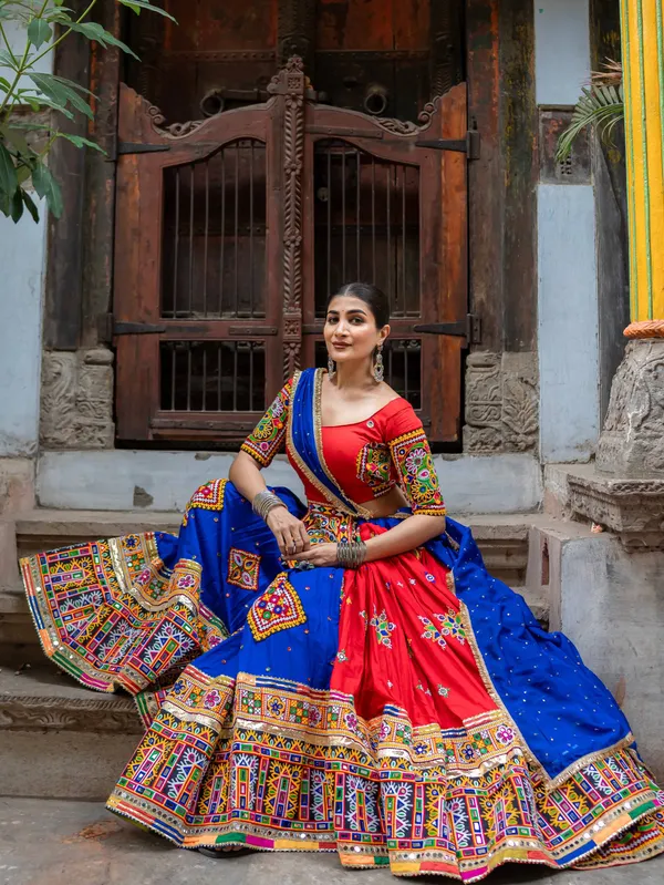 Red_Blue_Heavy_Muslin_Cotton_Lehenga_Choli_with_Mirror_Work