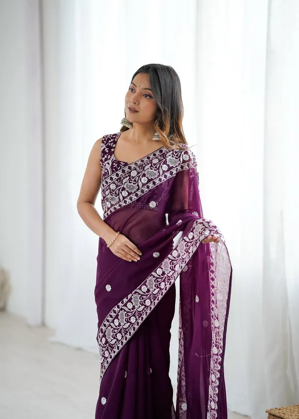 Wine_Georgette_Embroidery_Saree
