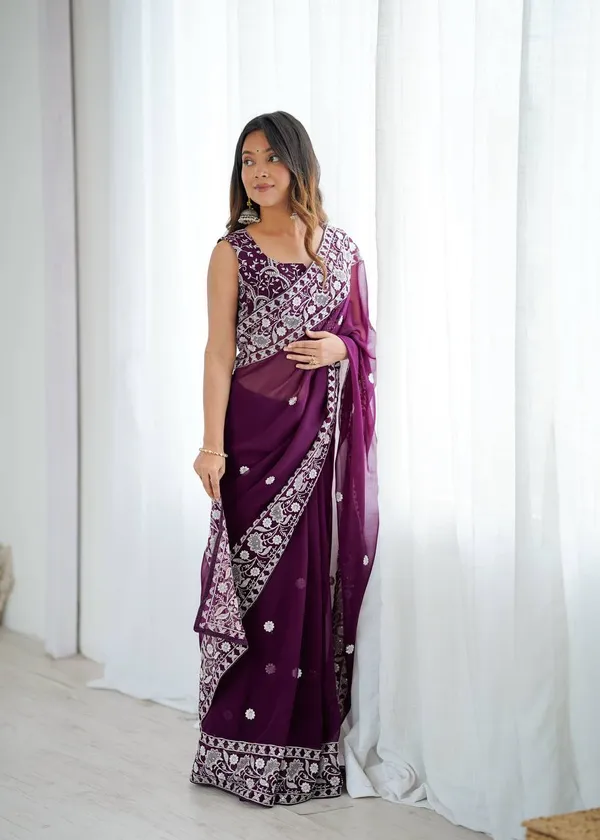 Wine_Georgette_Embroidery_Saree