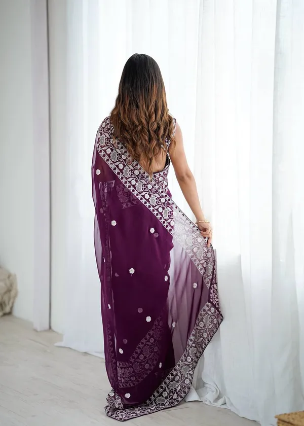 Wine_Georgette_Embroidery_Saree