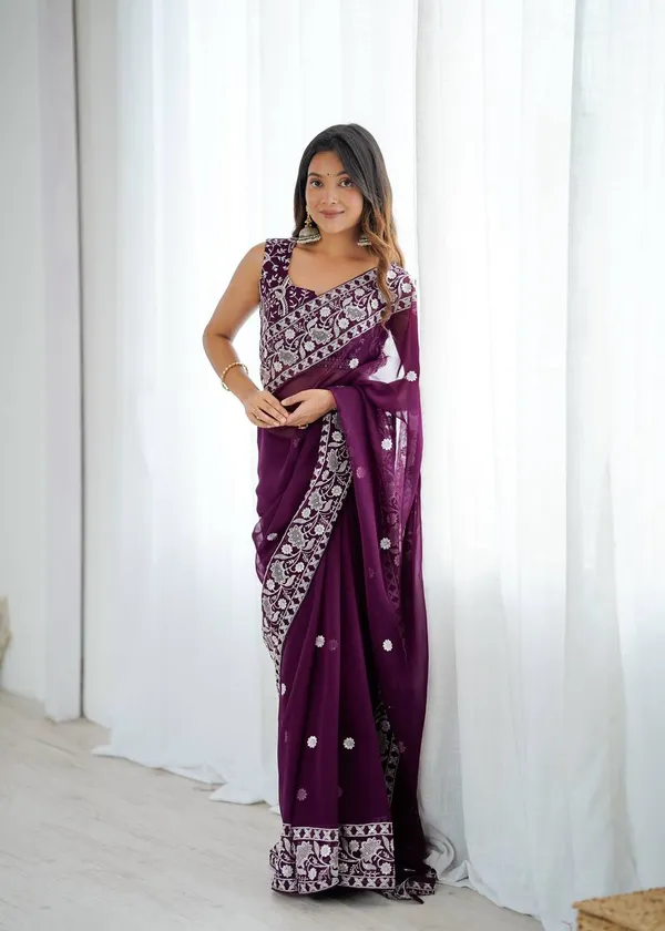Wine_Georgette_Embroidery_Saree