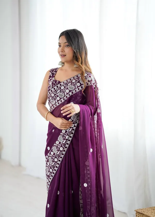 Wine_Georgette_Embroidery_Saree